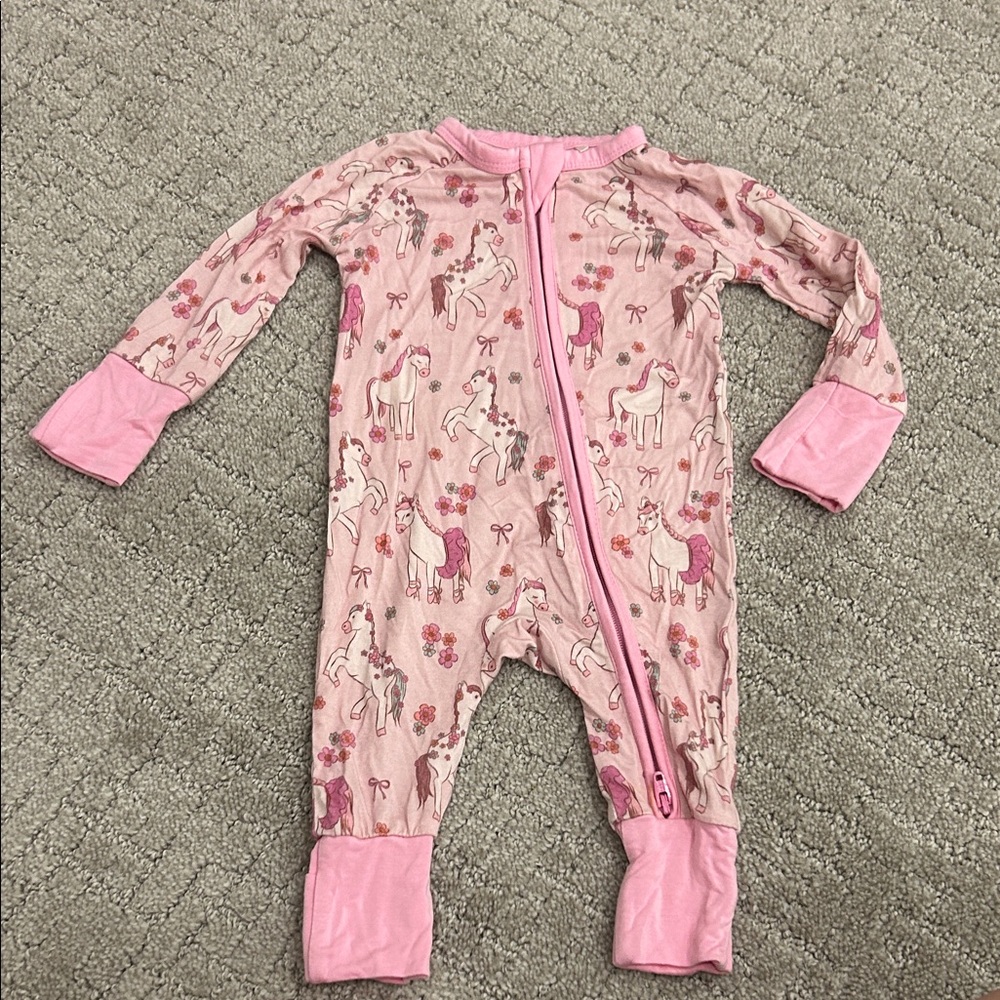 Pink Unicorn Print Kids Zip-Front Footed One-Piece